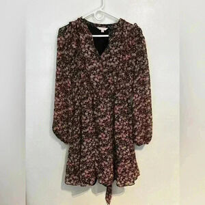 Lauren Conrad Women’s Black And Pink Floral Wrap Dress With Ruffle Detail Large